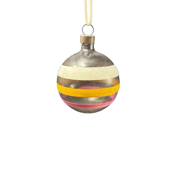 Vtg Corning Small Unsilvered Glass Ornament Stripe Pink White Yellow Corning - Picture 1 of 8